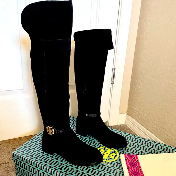 TORY BURCH MILLER BLACK SUEDE OVER THE KNEE BOOTS 5.5 & Dust Bag NEW - Picture 3 of 11